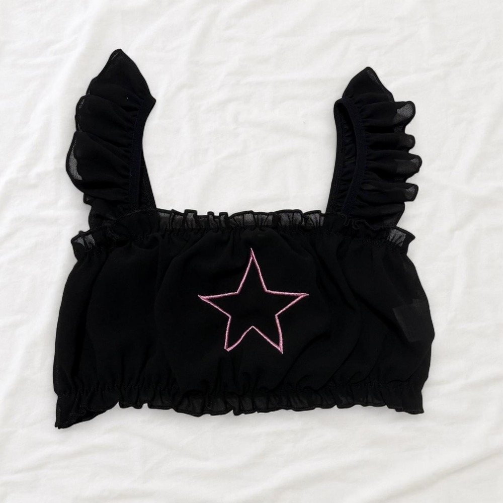 ROMWE Black Sheer Ruffle Star Babydoll Crop Top